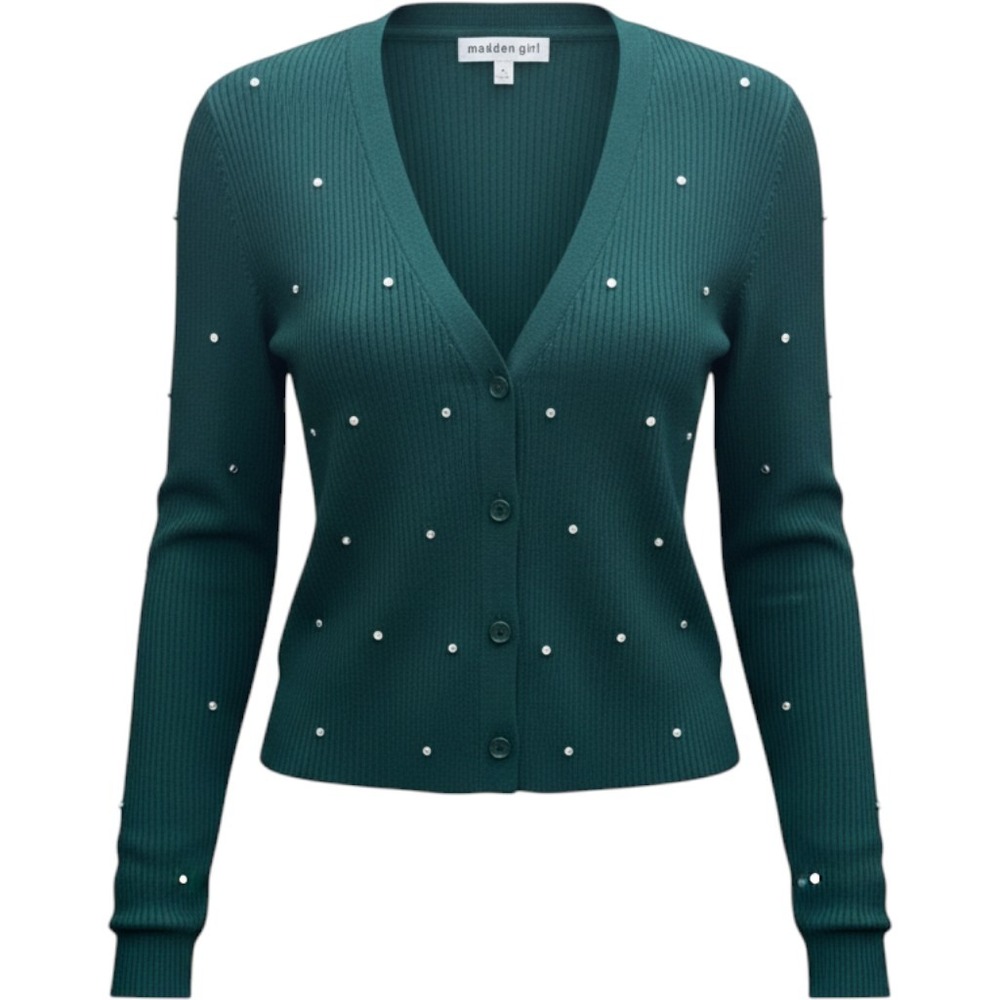 Madden Girl Forest Green Rhinestone Ribbed V-Neck Cardigan Sweater Large